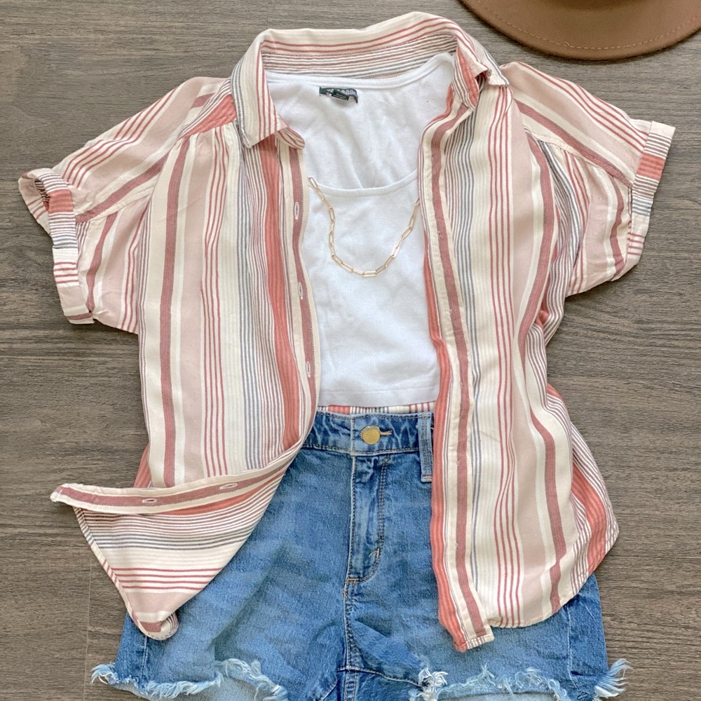 Striped linen blend button up